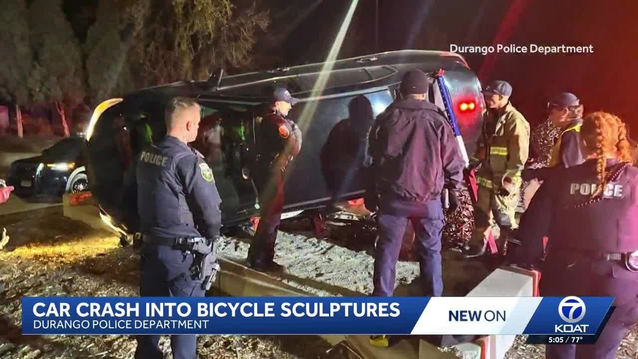 Car crashes into Durango bicycle sculpture