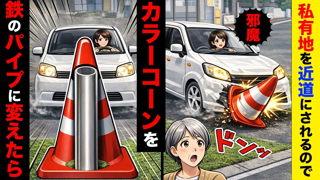 【スカッと】「“近道なんだからいいでしょw”と私の駐車場をショートカットする隣人→コーンを無視されたので“支柱付きポール”に替えた結果」