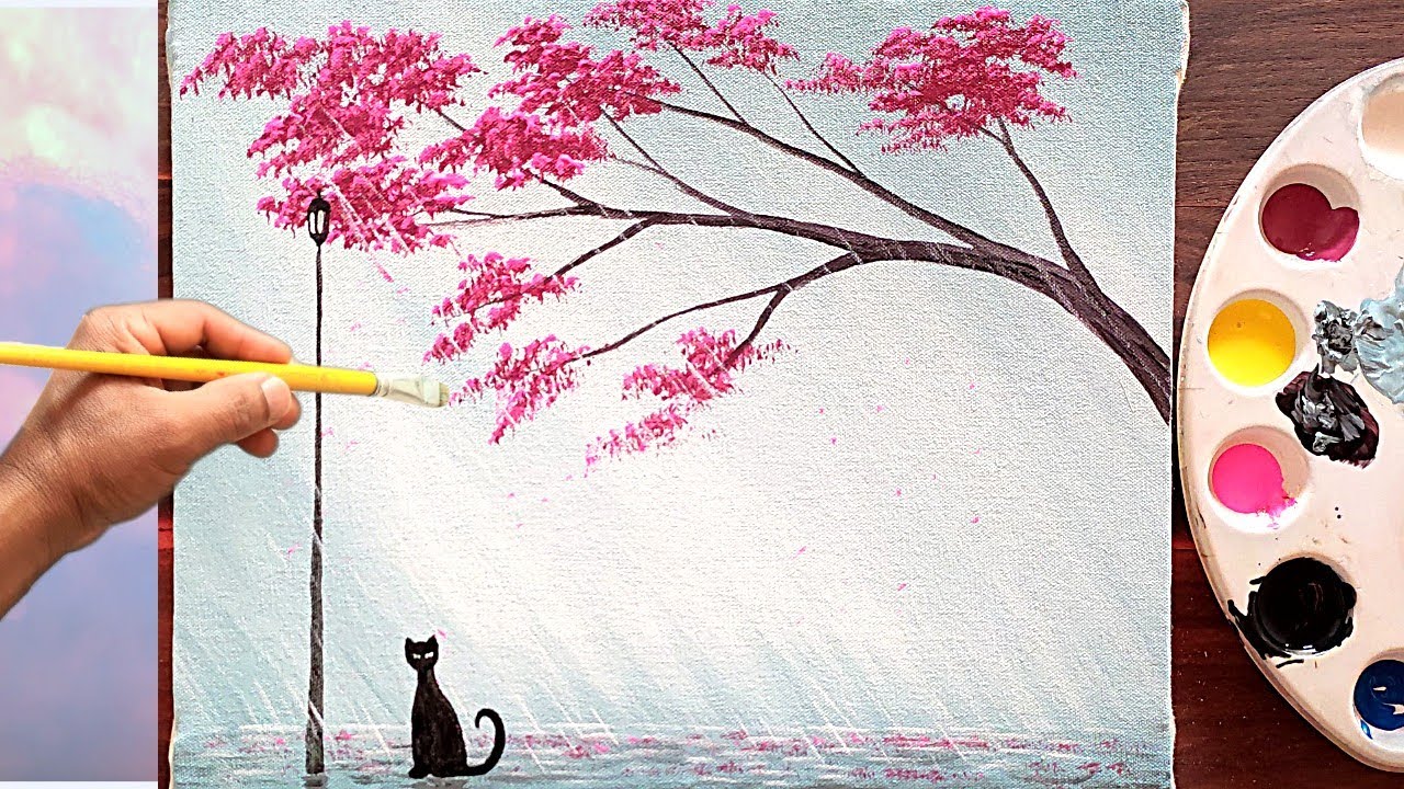 Como Pintar Paisagem com Árvore colorida e um Gato 😻