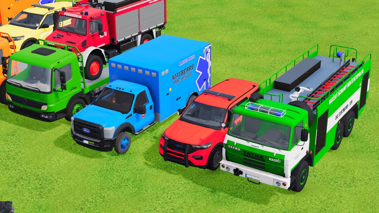 TRANSPORTING POLICE CARS, AMBULANCE, FIRE TRUCK, COLORFUL CARS WITH TRUCK GAME FARMING SIMULATOR 22