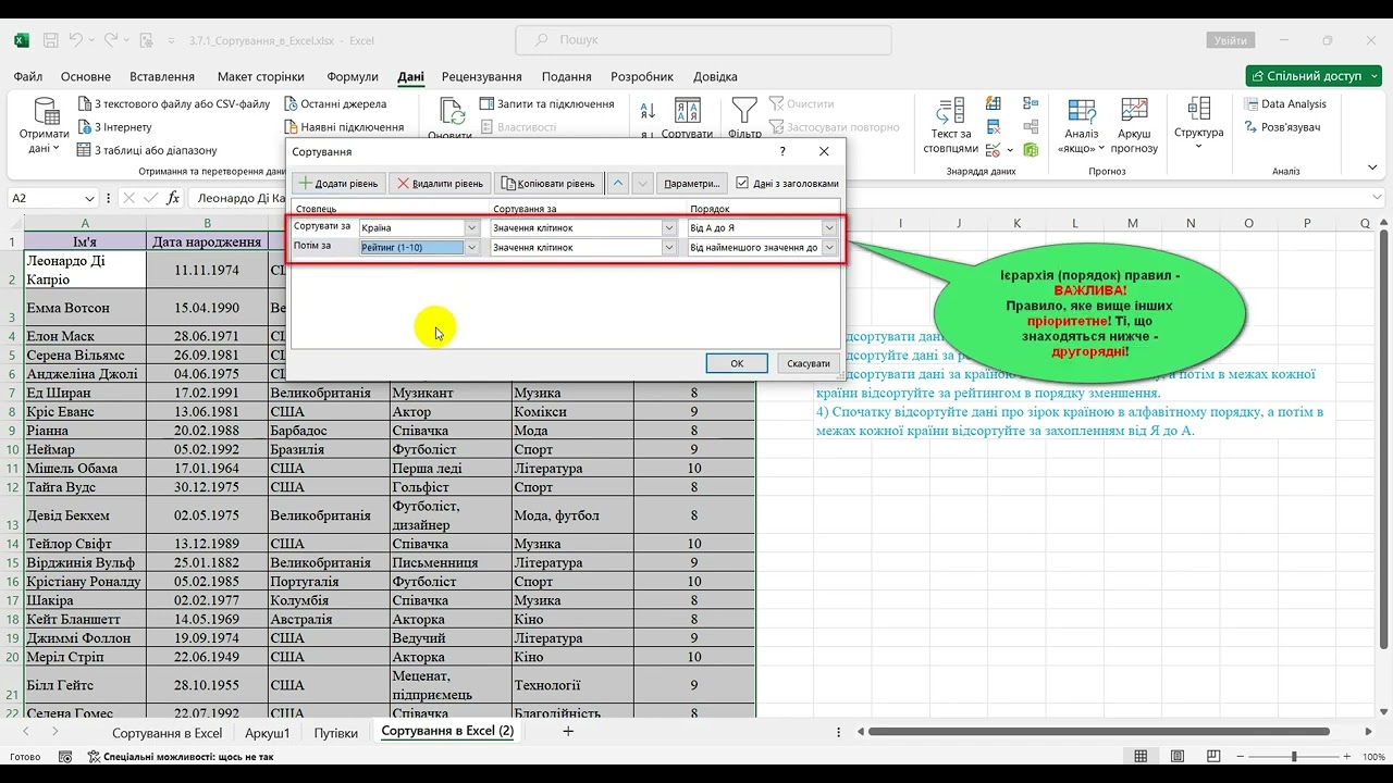 3.7.1 Сортування в Excel