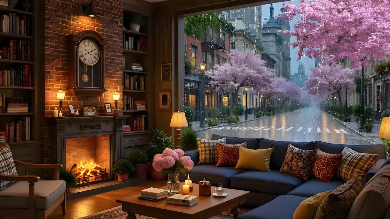 Spring Ambience ☕ Rainy Coffee Shop with Smooth Piano Jazz Piano & Fireplace Sounds for Study, Work