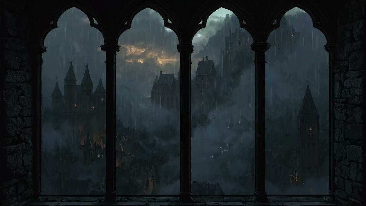 4K Rainy Medieval Castle Window View - Cozy Rain Sounds - Ambience for Reading & Deep Sleep 🌧️