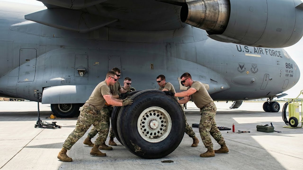 Cận Cảnh Lính Mỹ Thay Bánh Xe Vận Tải Cơ C-17 Khổng Lồ