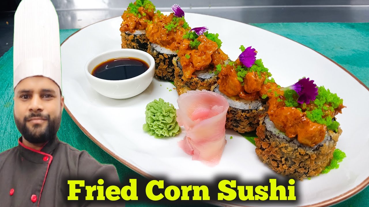 Hosomaki fried Corn tempura sushi roll | Veg Hosomaki sushi