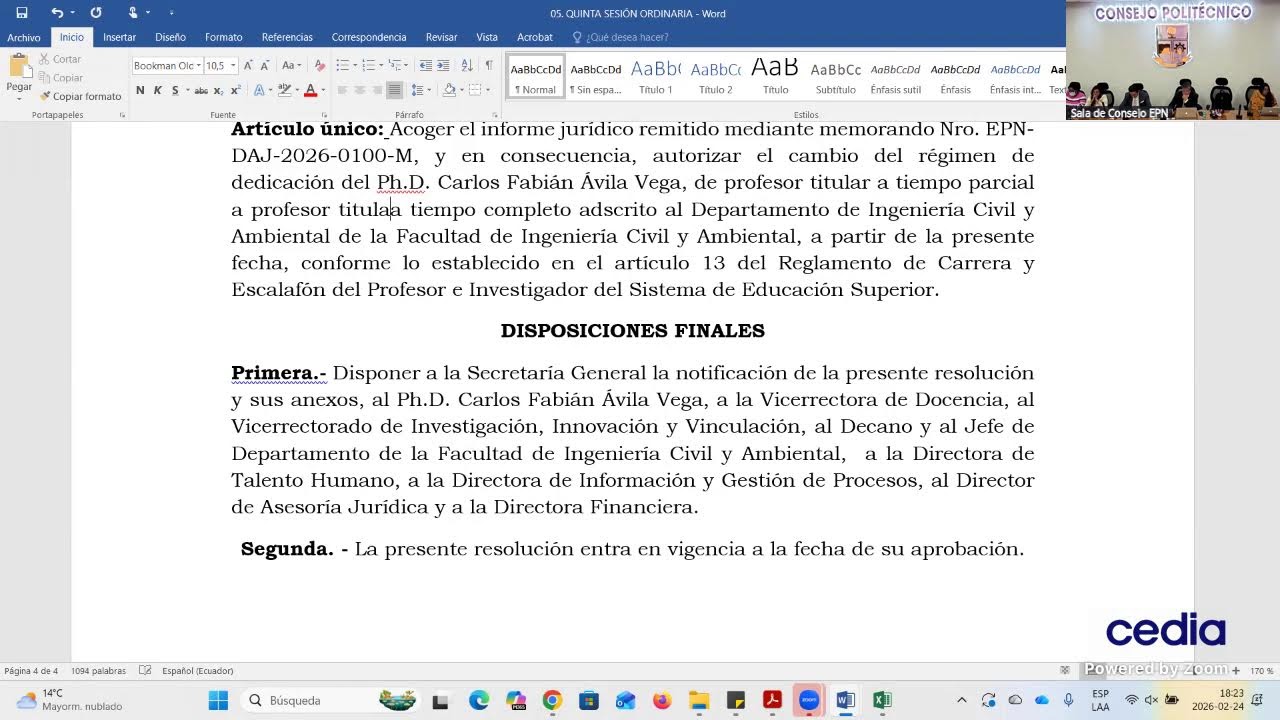 Quinta Sesión Ordinaria del Consejo Politécnico - 24/2/2026