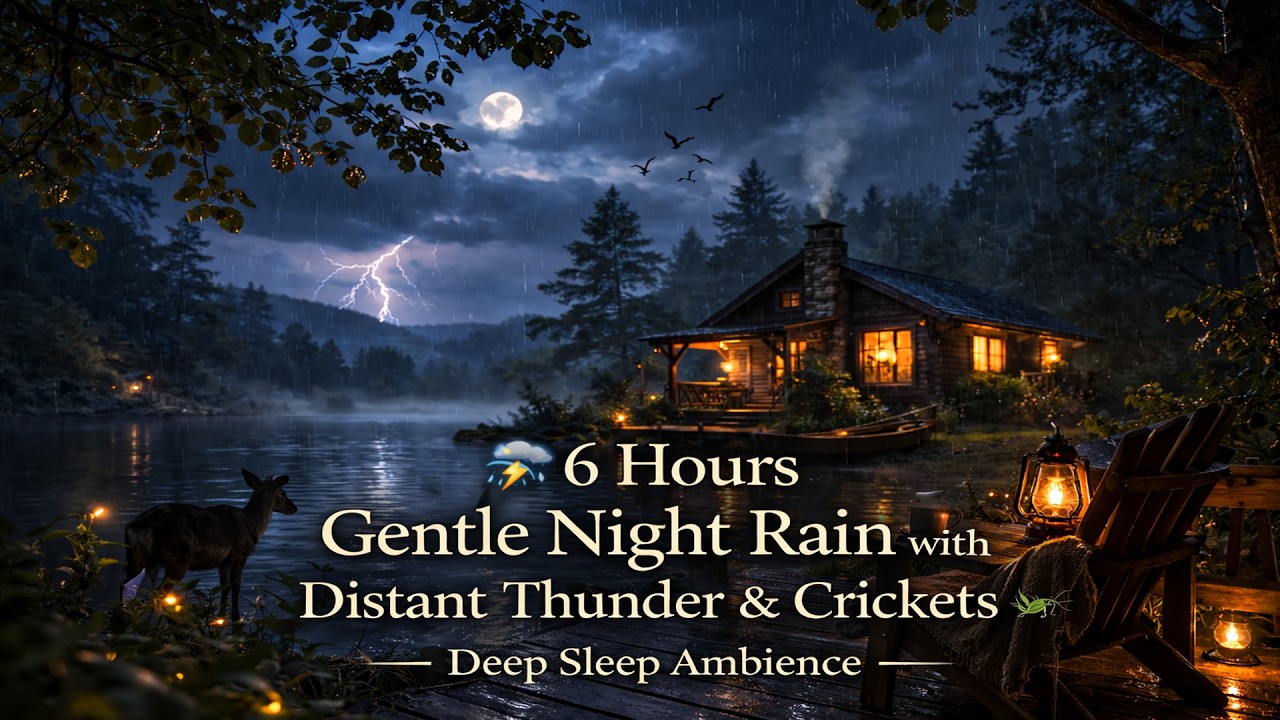 🌧🌙 6 Hours Gentle Night Rain with Distant Thunder & Crickets  Deep Sleep Ambience
