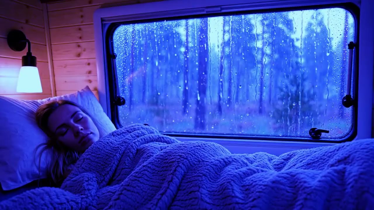 Heavy rain falling on van window with thunder providing deep sleep ambience | rain sounds