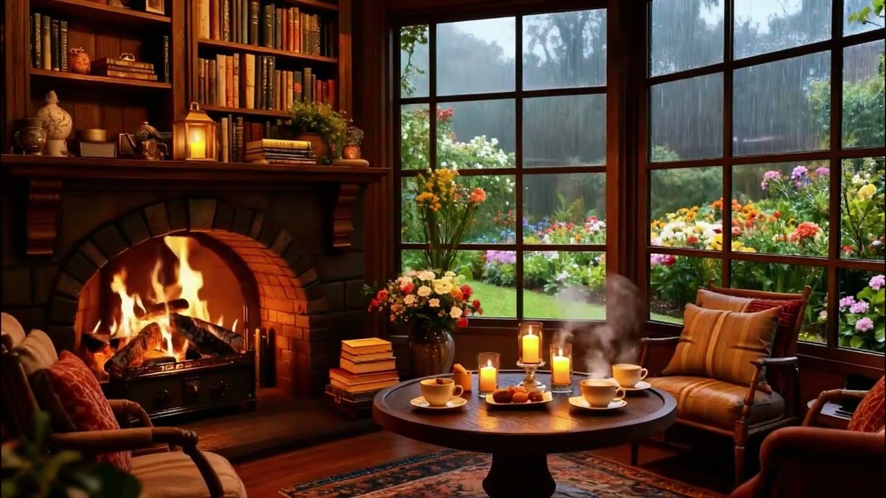 Cozy Rainy Coffee Shop Jazz ☕ Warm Fireplace & Relaxing Piano Jazz For Deep Focus
