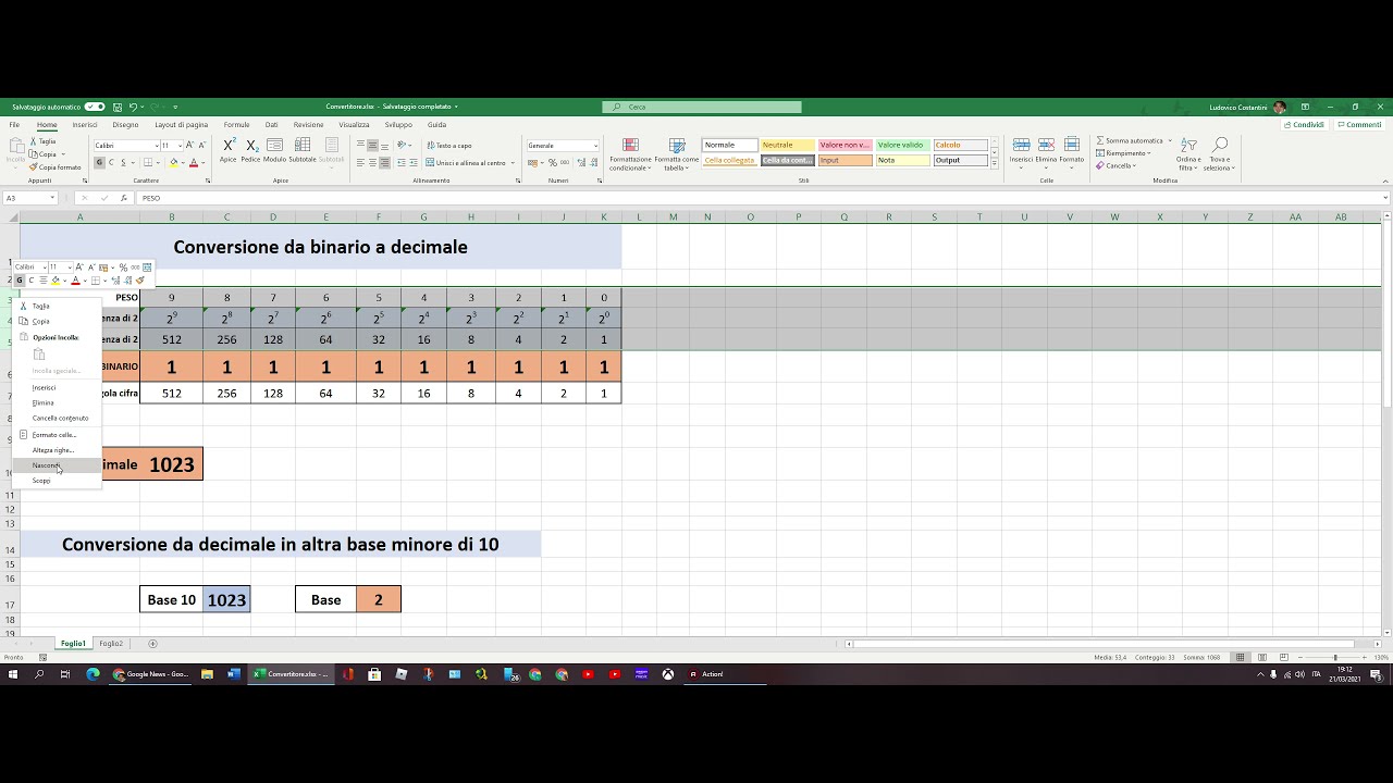Excel: Conversione Binario-decimale e viceversa ----- Conversión Binario-decimale y viceversa