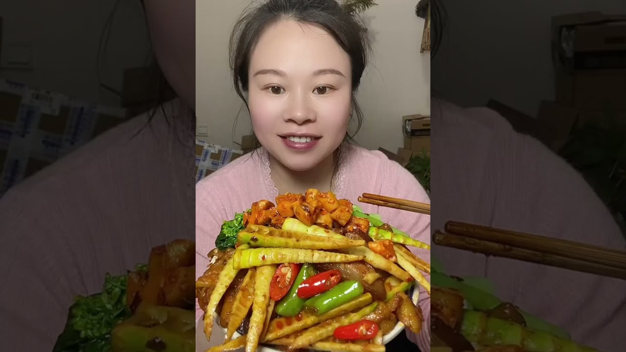 Delicious Chinese Food Mukbang, Eating Fried Pork Belly Bamboo Shoot With Sweet Potato And Vegetable
