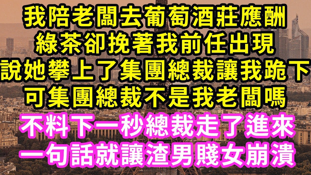 我陪老闆去葡萄酒莊應酬，綠茶卻挽著我前任出現，說她攀上集團總裁讓我跪下，可集團總裁不是我老闆嗎？不料下一秒總裁走了進來，一句話讓渣男賤女崩潰#甜寵#灰姑娘#霸道總裁#愛情#婚姻#小嫻說故事#暖風故事匯