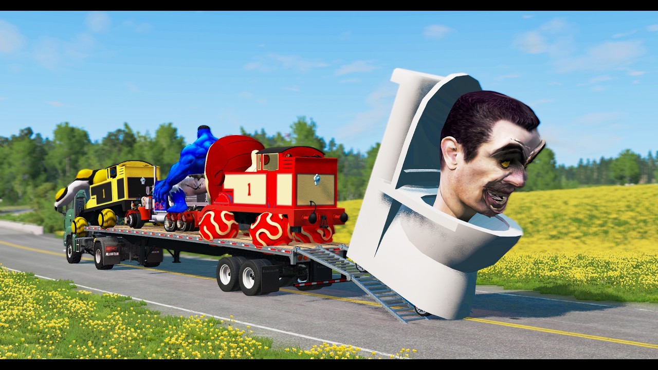 Flatbed Truck | Transportation with Truck | Pothole vs Car vs Train #1 BeamNG.Drive