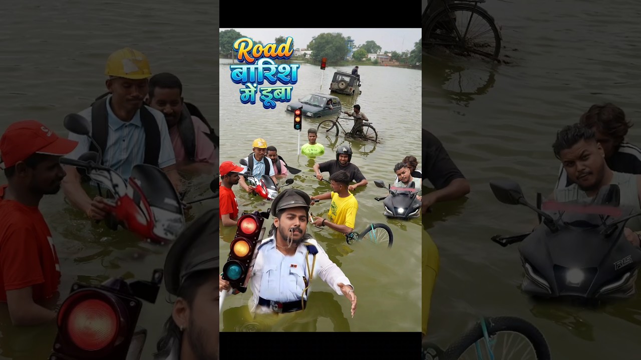 बारिश⛈️में पूरा सड़क🛣️डूबा‼️#comedy #traffic #road #police #accident #rain #comedy
