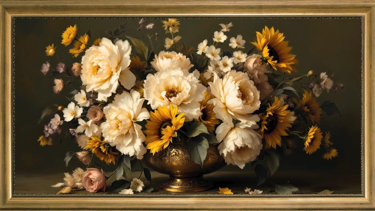 Golden Spring Floral Art for Frame TV | Elegant Sunflowers & Vintage Peonies | Relaxing TV Display