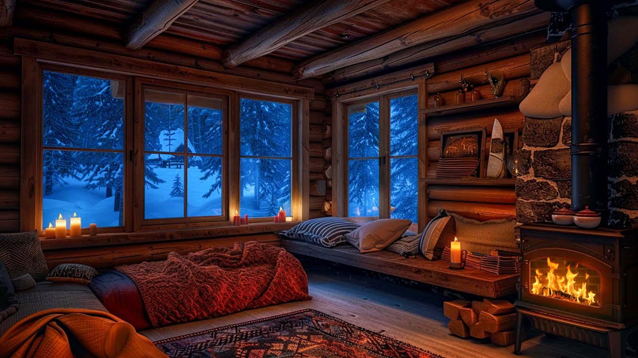 Nighttime Winter Cabin ❄️ Crackling Fireplace, Blizzard Winds & Snowstorm Sounds for Sleep