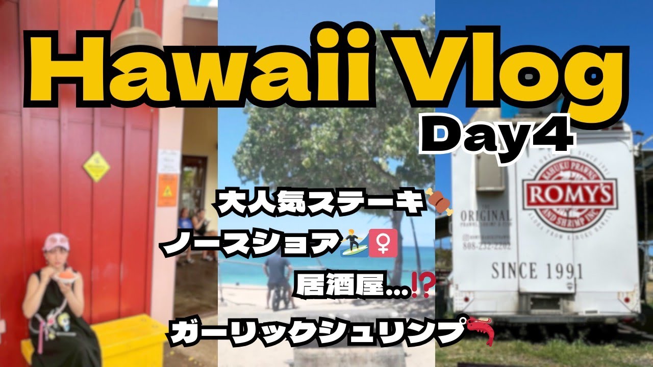 【Hawaii Vlog #4】ノースショアで絶品ガーリックシュリンプ堪能🦐ドールパイナップルアイスと激うまバナナブレッド❣️大人気ステーキとホヌに遭遇🐢