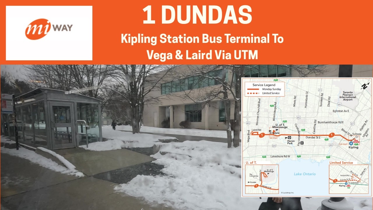 MiWay 1 Dundas - Kipling Bus Terminal To Vega & Laird Via UTM - Full Route