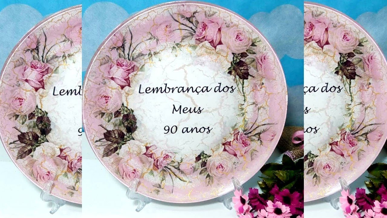 Prato com Decoupagem e Craquelê #Lembrança 90 anos