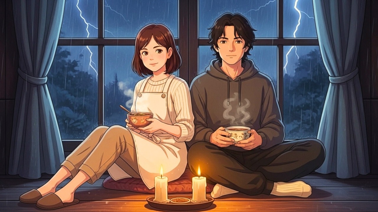 A Stormy Night in Our Tiny Cabin: We Cook by Candlelight | Ghibli-Style Video