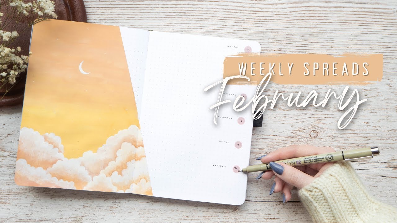 February 2022 Bullet Journal WEEKLY SPREADS | Pastel Clouds Bujo Theme With Gouache