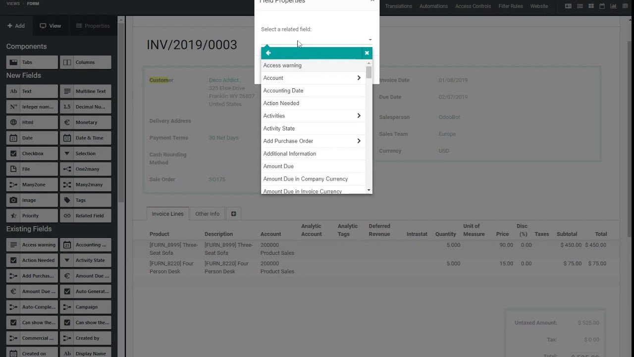 Example connecting SO to invoice with many2one & related field