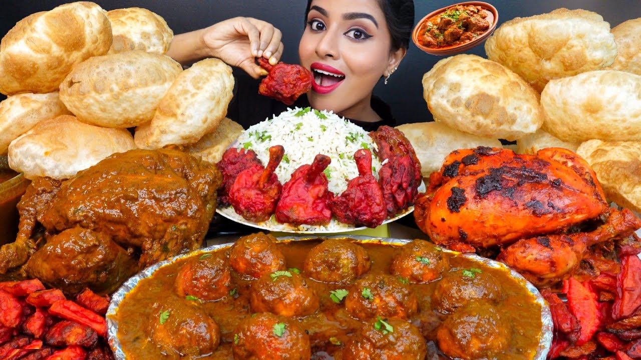 ASMR Eating Spicy Whole Chicken Curry,Kadai Chicken,Poori Masala,Rice Big Bites ASMR Eating Mukbang