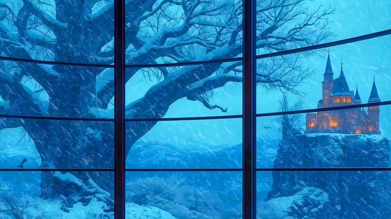 royal castle library blizzard snowstorm and crackling fireplace sleep ambience 4k