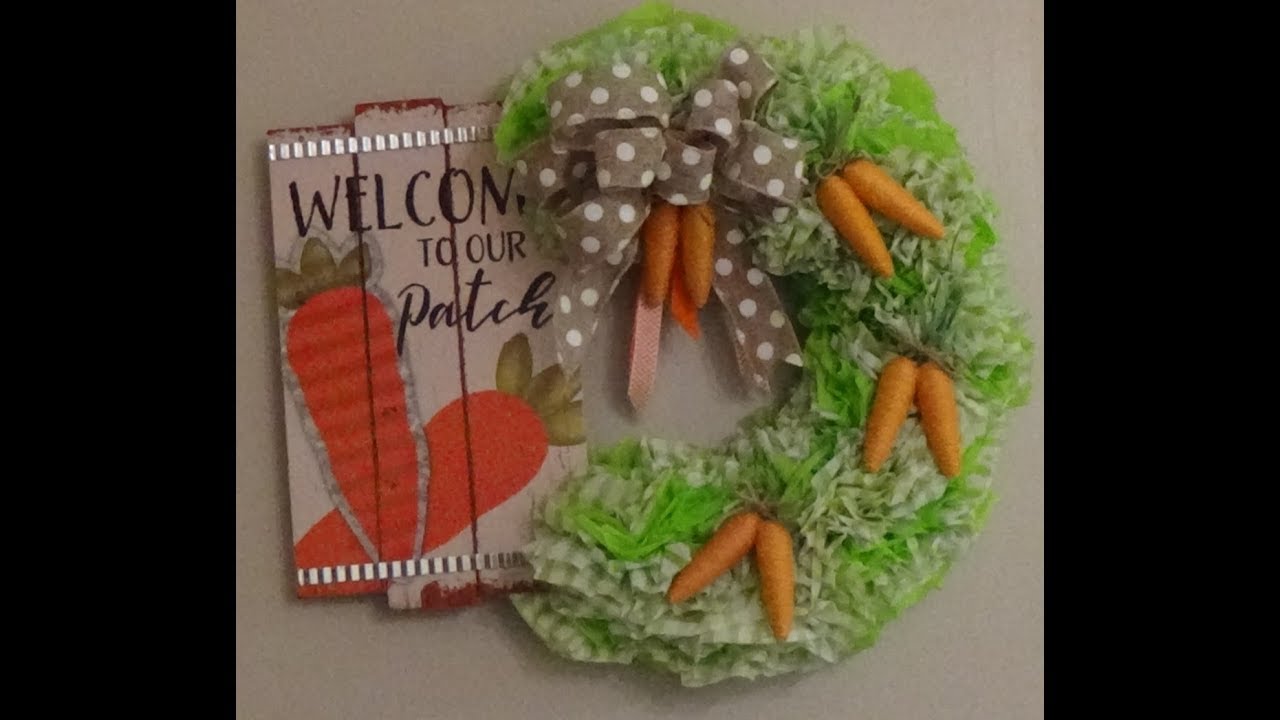 DOLLAR TREE DIY CARROT PATCH  EASTER / SPRING WREATH MADE WITH WREATH PLASTIC TABLE COVER