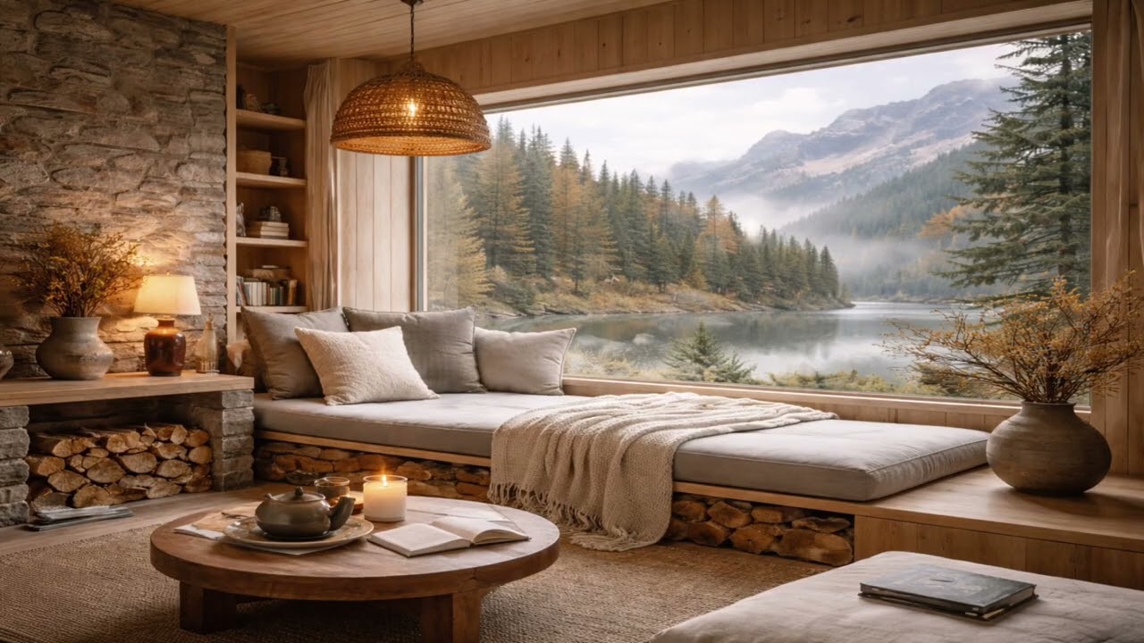 4K Mountain Cabin Ambience | Lakeside Forest View & Candlelight
