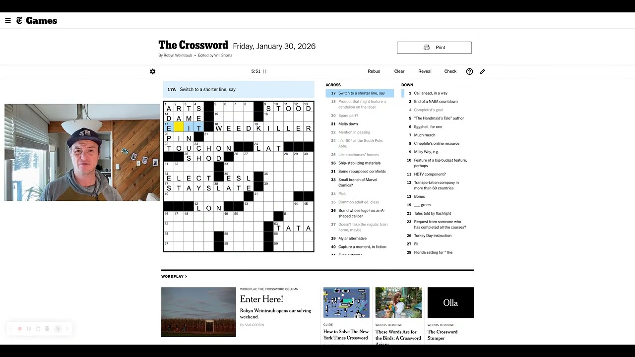 Friday, January 30th - New York Times crossword puzzle solve