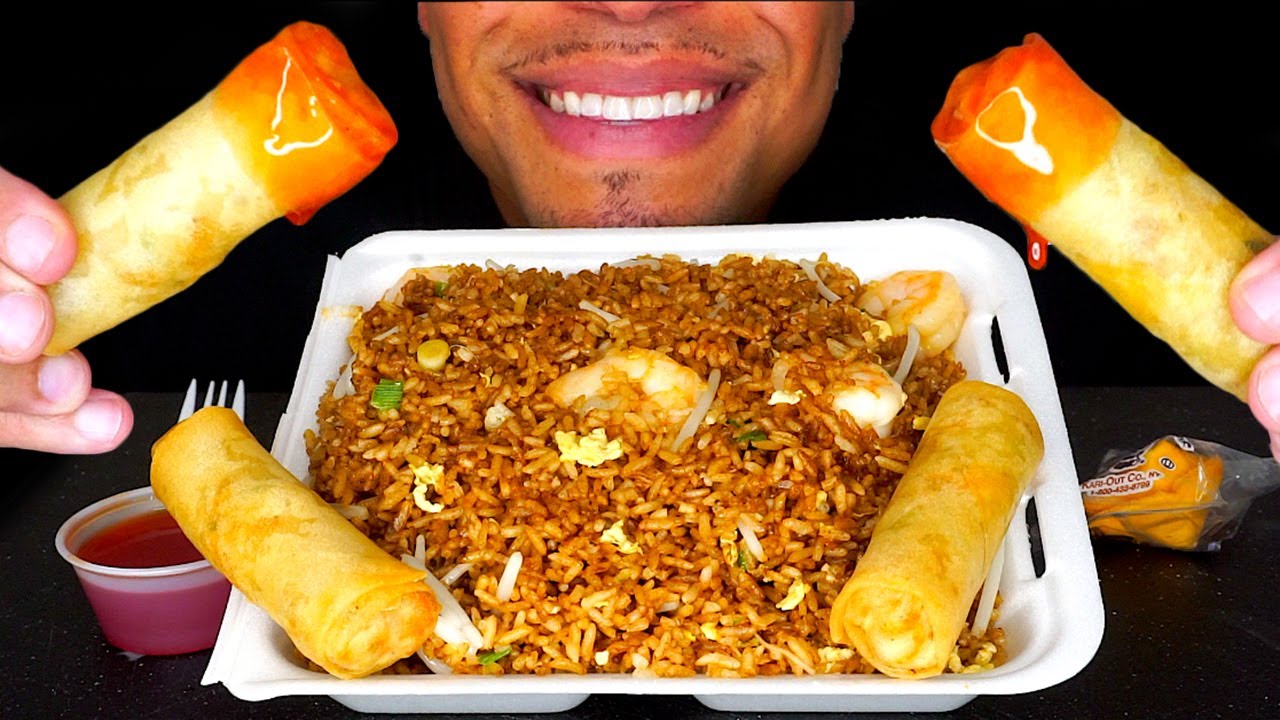 ASMR | CHINESE SHRIMP FRIED RICE MUKBANG SPRING ROLLS CRISPY EATING MOUTH SOUNDS NO TALKING
