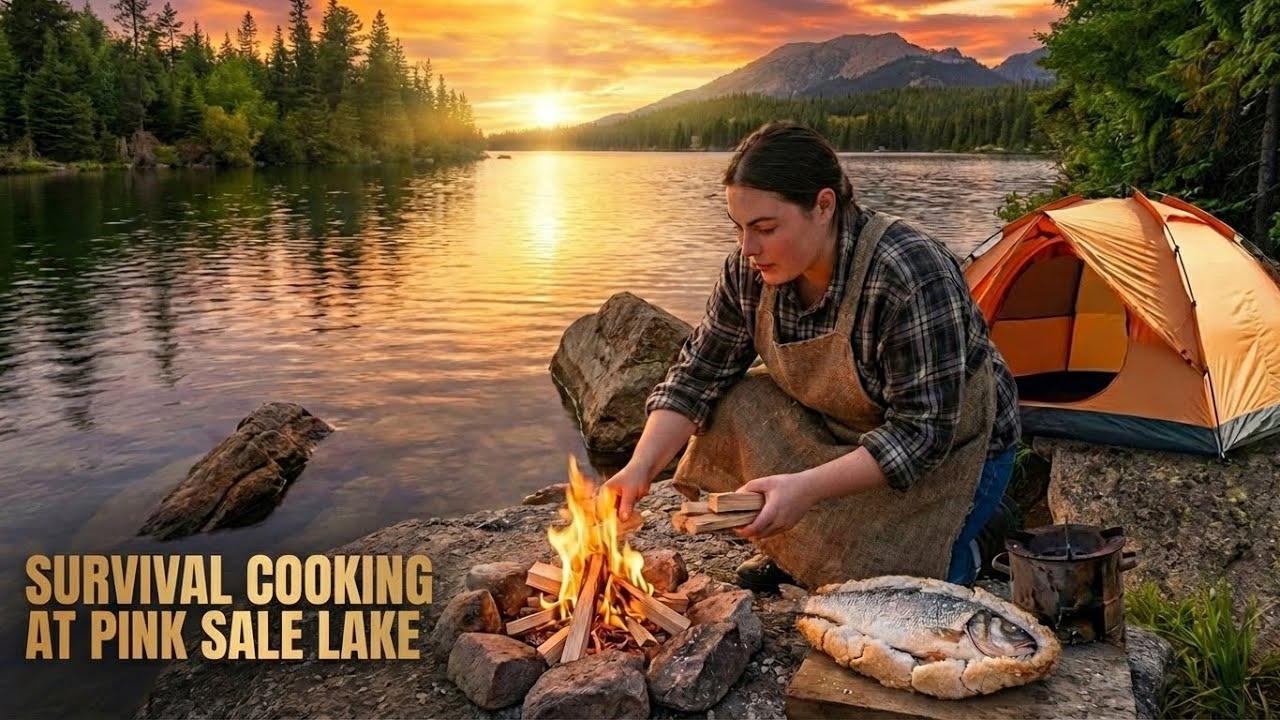 ASMR Wild Survival Camping – Solo Camping & Cooking by a Pink Salt Lake