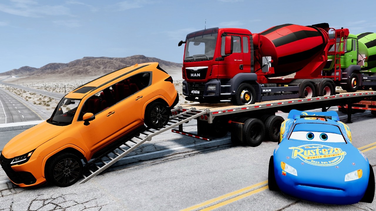 Flatbed Truck Mcqueen  Transportation with Truck   Pothole vs Car #52  BeamNG Drive