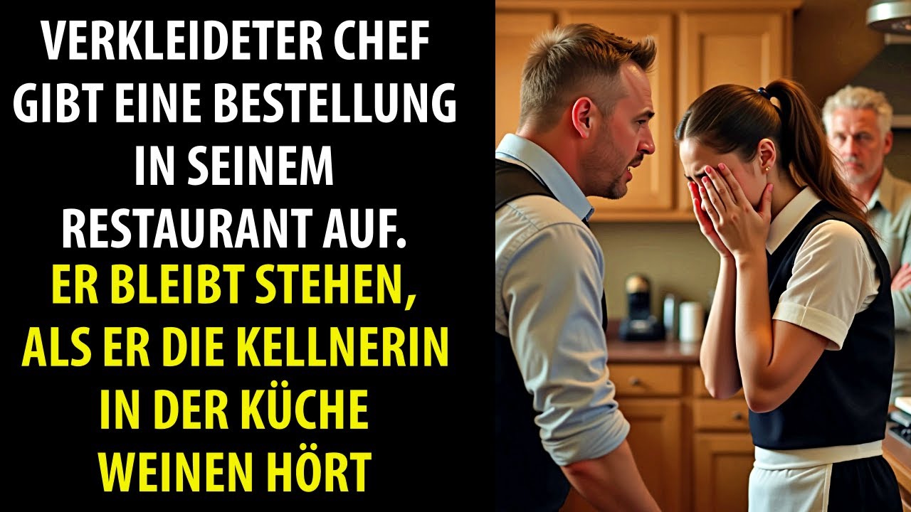 Verkleideter Chef macht Anfrage und bleibt stehen, als er die Kellnerin in der Küche weinen hört