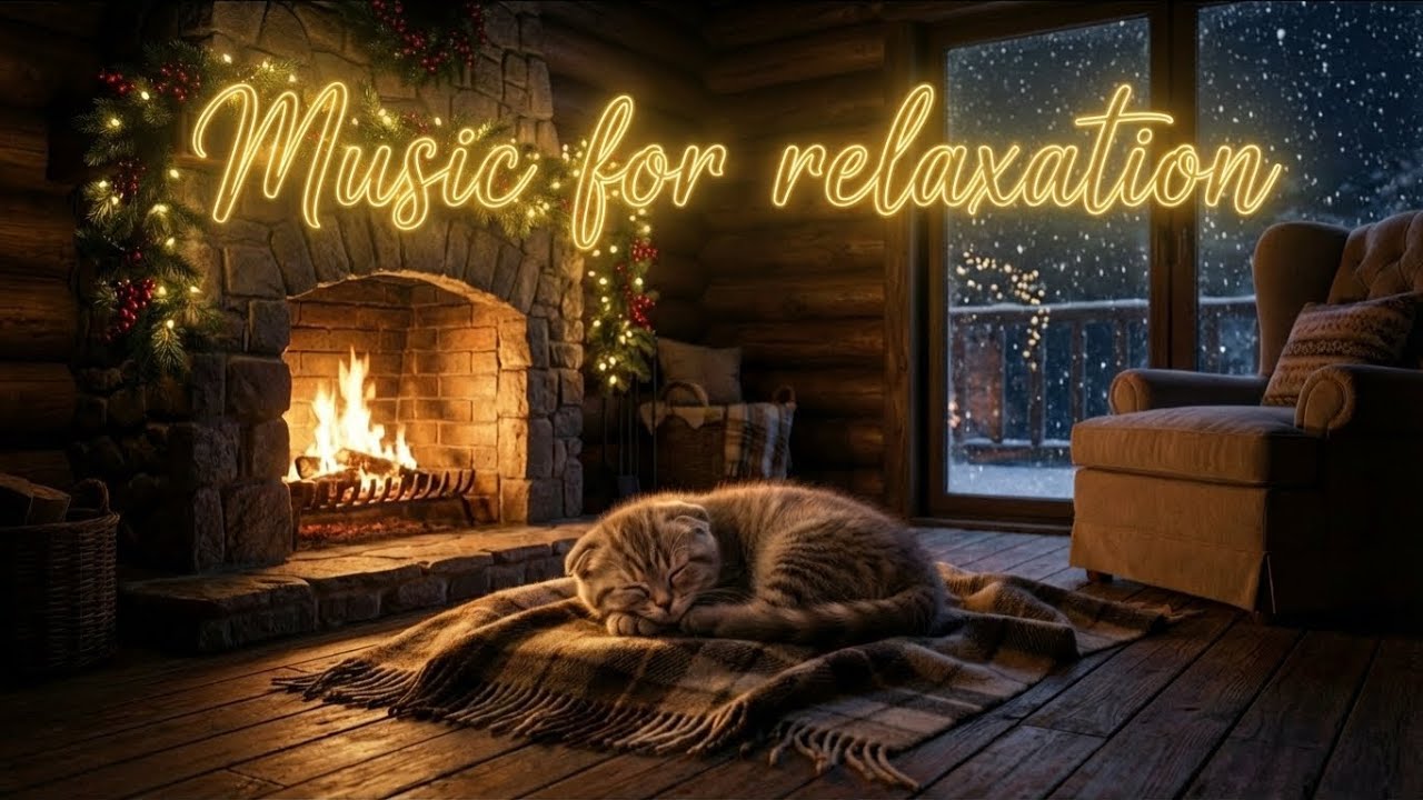 Sleepy Tabby Kitten by Cozy Christmas Fireplace | 1 Hour Calm Music for Deep Sleep, Study&Relaxation
