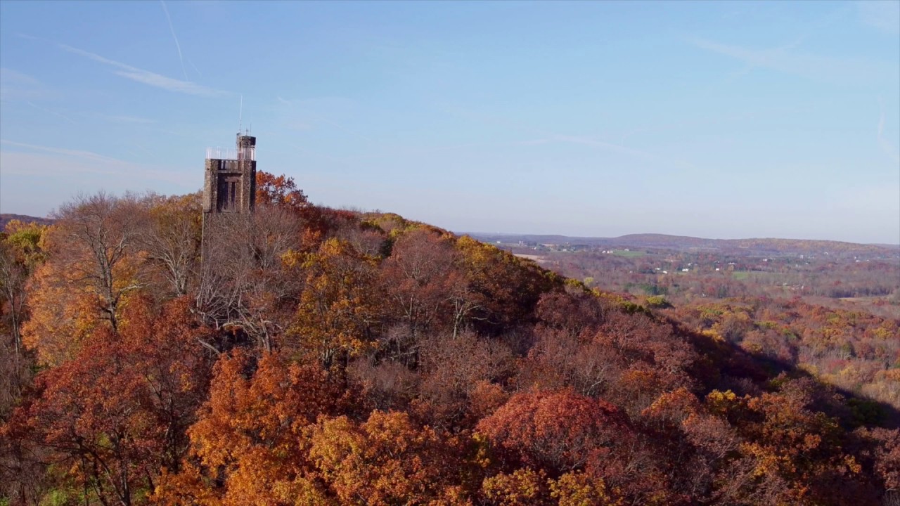 Aerial footage of Bowman's Hill Tower in Bucks County