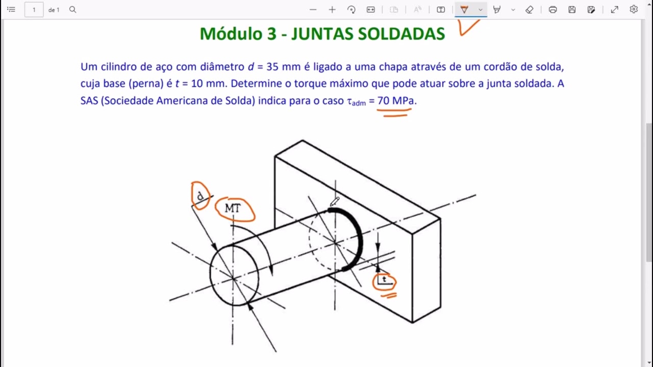 ELEMAQ JUNTAS SOLDADAS - DIMENSIONAMENTO DE SOLDA EM UM EIXO SUBMETIDO AO TORQUE C/ PROF. SIM&Atilde;O