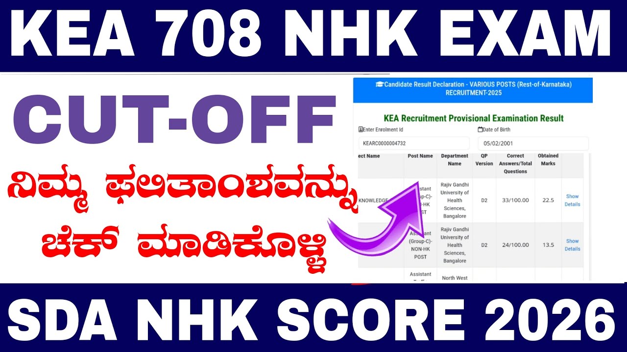 SDA NHK SCORE | KEA 708 EXAM | CUT OFF  | BWSSB BDA CONDUCTOR | KKRTC | JAN 25 -2026
