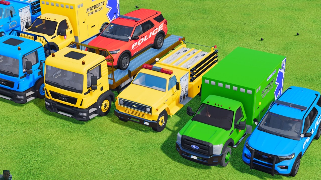 TRANSPORTING POLICE CARS, AMBULANCE, FIRE TRUCK, COLORFUL CARS WITH TRUCK GAME FARMING SIMULATOR 22