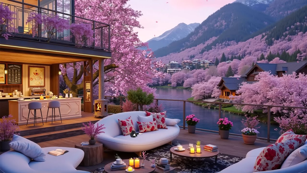 Springtime Coffee by the River with Relaxing Jazz | Cozy Terrace, Cherry Blossom & Peaceful Ambience