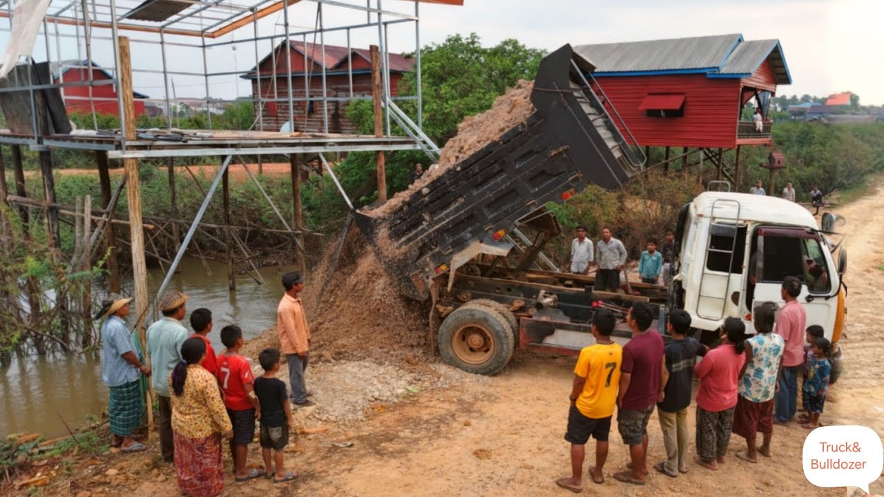 Very Interesting PROJECT! 5 Ton dump truck unloading soil and skill bulldozer pushing soil 