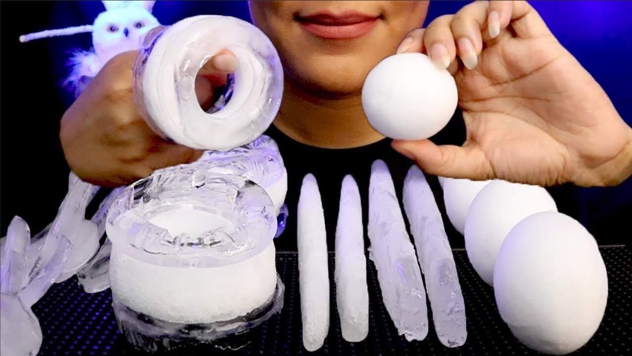 ASMR White Ice Food Shapes/Ice Spoons/Snowballs/Eating/No Talking