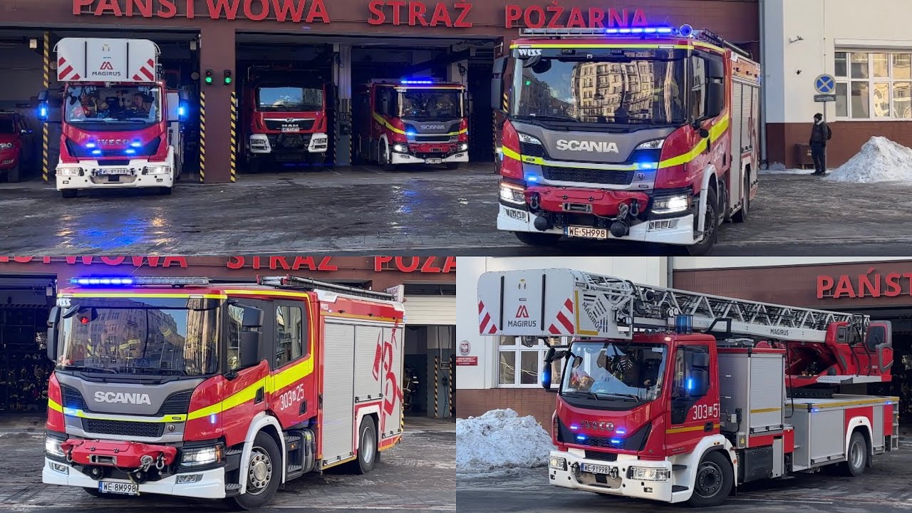 Alarmowy wyjazd "zestawu" w składzie 303[W]21, 25, 51 z JRG 3 Warszawa do zdarzenia