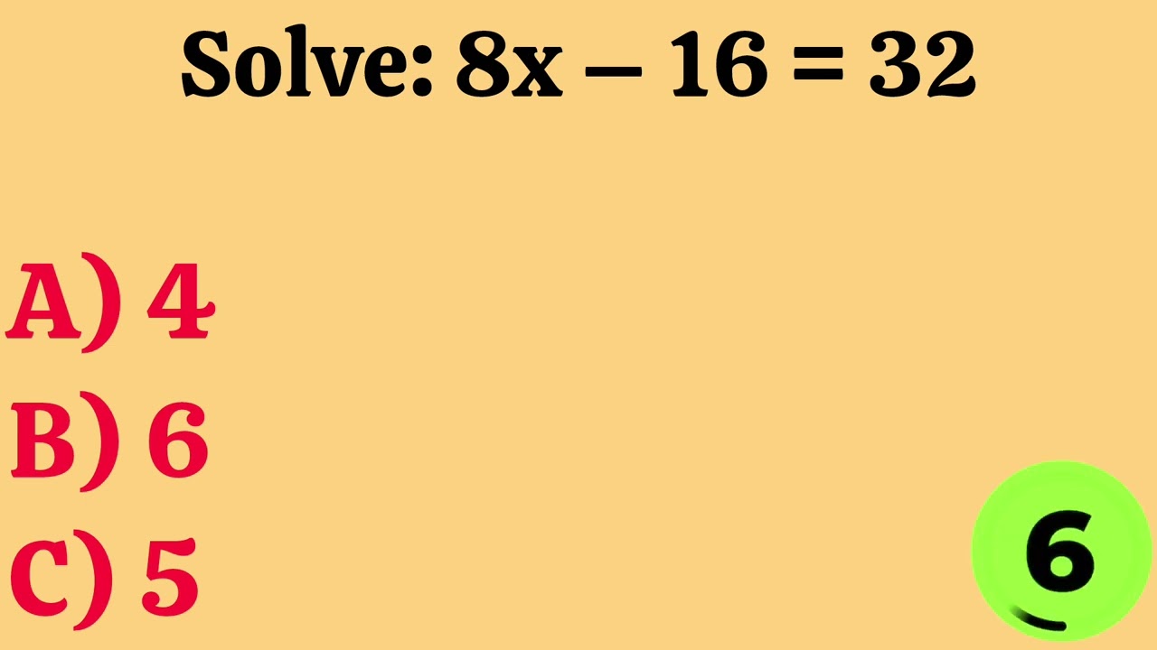20 Math Equation Questions with Answers | Algebra MCQs Quiz | Solve for X Practice Test