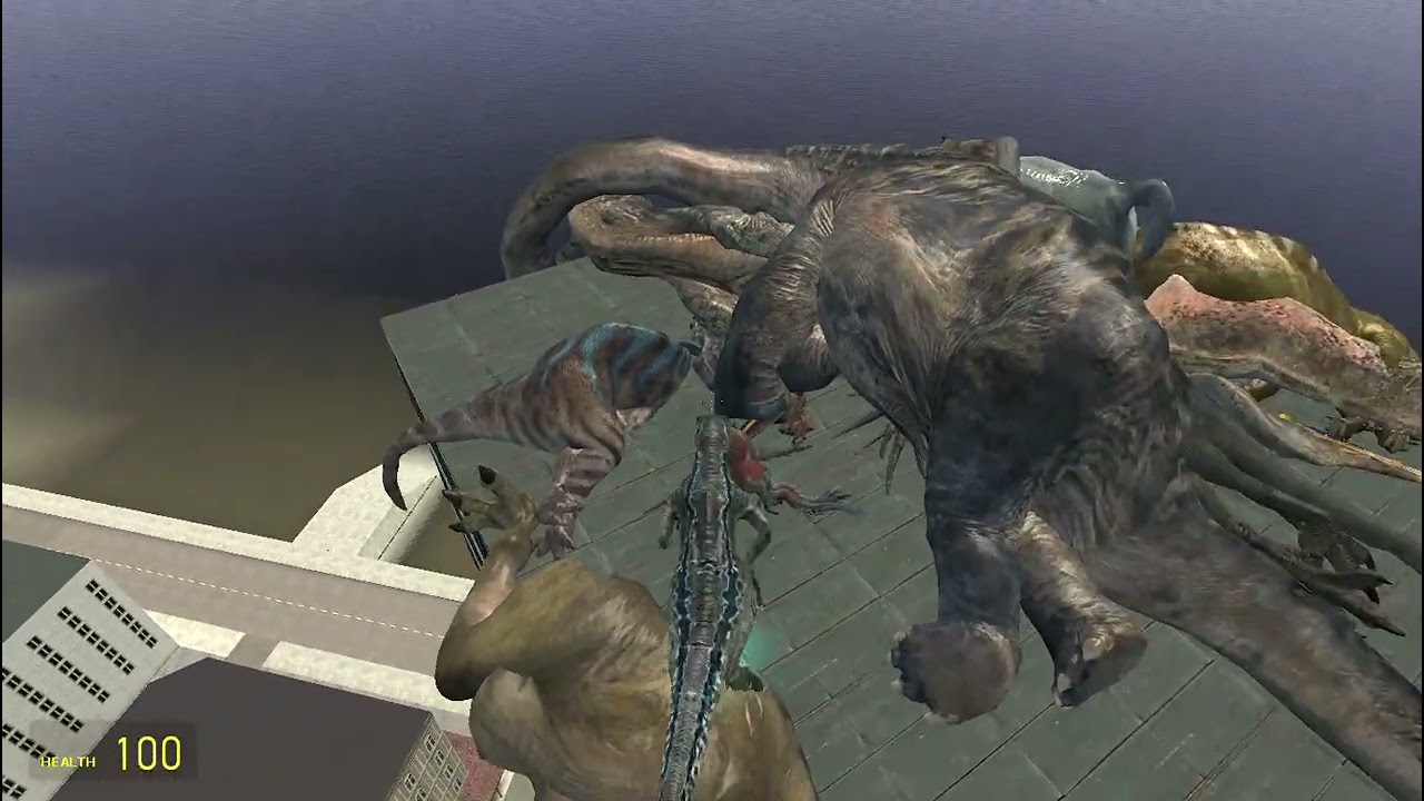 playing garry's mod throwing jurassic world dinosaurs off a BUILDING!