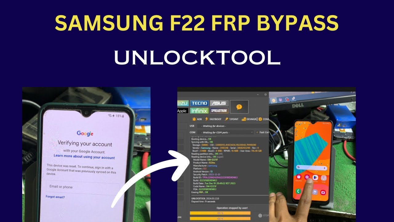 Samsung F22 frp bypass with unlocktool latest security