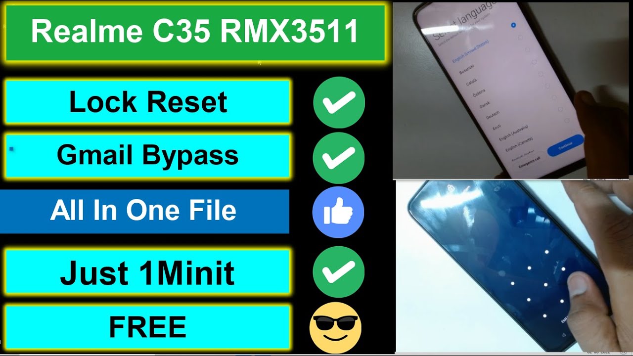 Realme C35 RMX3511 Pattern Pin Lock And Frp Gmail Bypass Reset With Free Tool