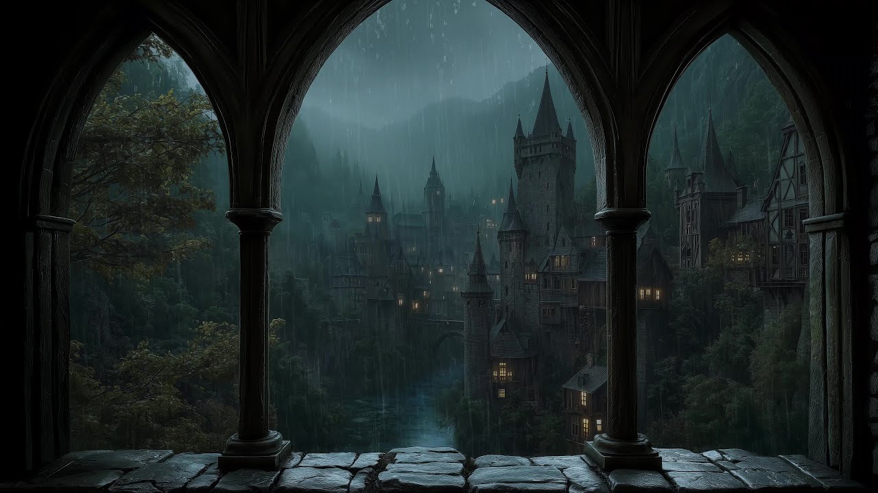 Rain Sounds and Thunder from Medieval Window with Majestic Castle View for Relaxation
