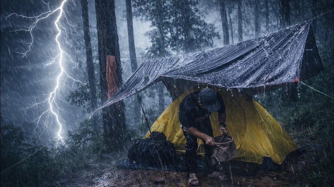 Alone in a Heavy Thunderstorm | Solo Camping in Strong Wind and Rain (2 Hours)